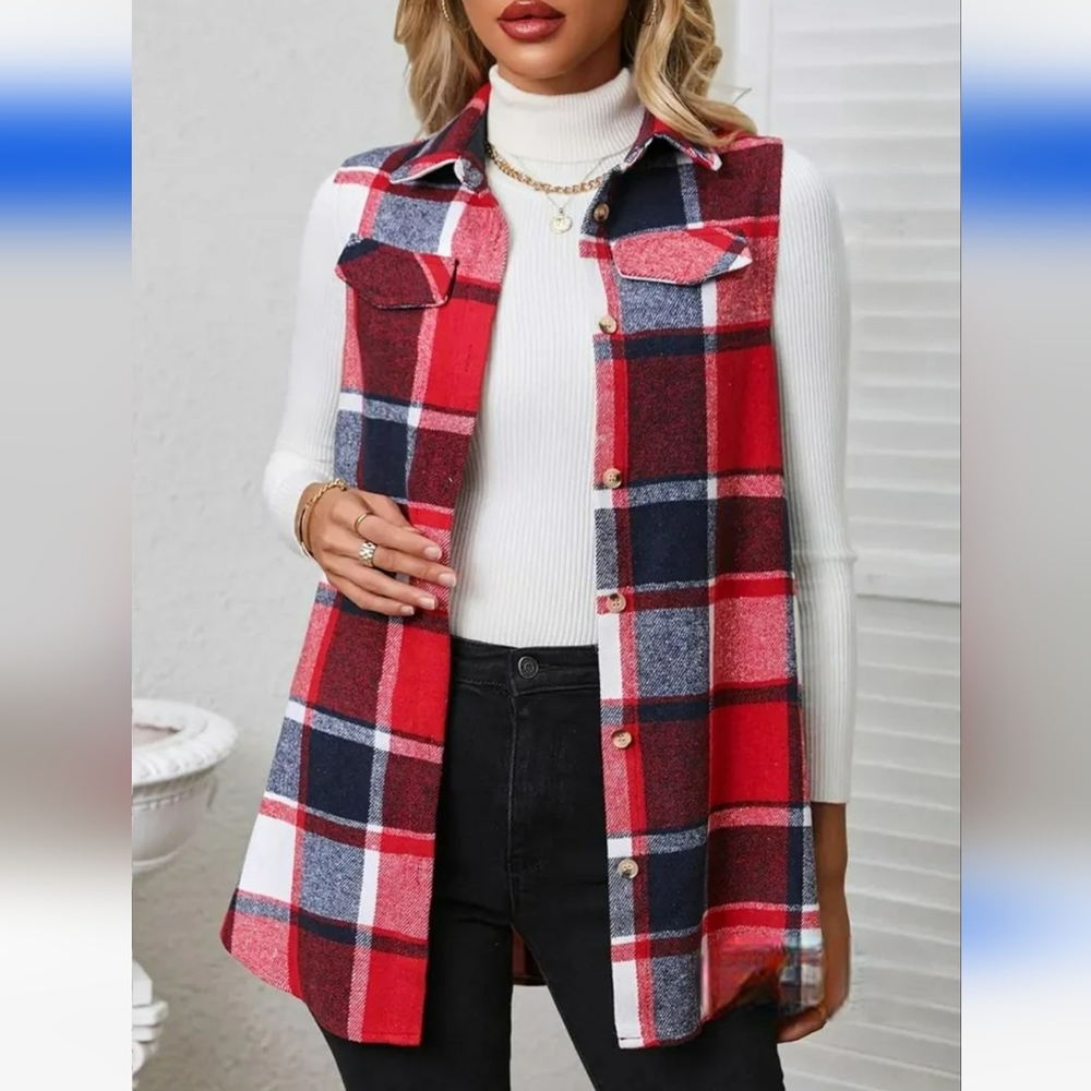 PRECIOUS Plaid Sleeveless Shirt/Vest/Shacket In Red/Blue/White, Sz M Or L - Picture 8 of 11